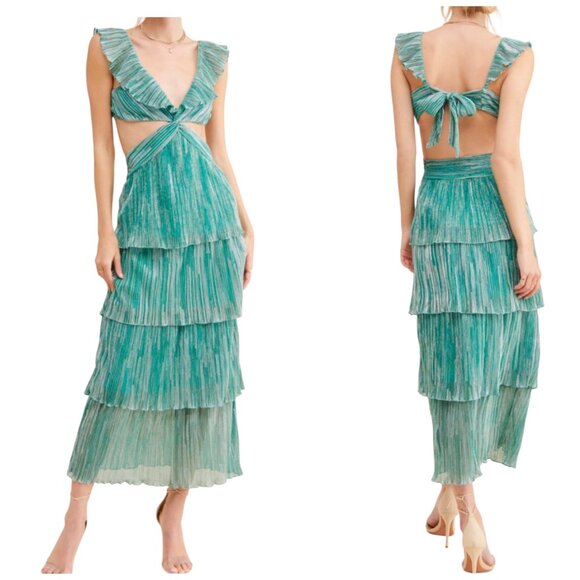 Saylor Newton Metallic Teal Tiered Maxi Dress XS Cutout Ruffle Evening Gown